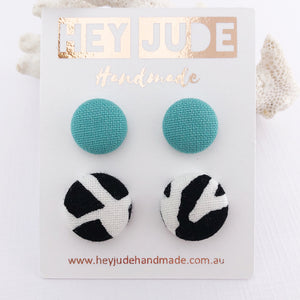 Fabric Stud Earring-Fabric Button-2 pack-Mint and Black White Abstract print-Hey Jude Handmade