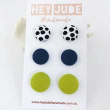 Load image into Gallery viewer, Stud Earrings-Fabric Covered Buttons-White black dots, Navy linen, Chartreuse Linen-Hey Jude Handmade