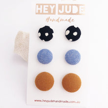 Load image into Gallery viewer, Stud Earring Multipack-3pack-Fabric Button-Black White Spots, Light Blue, Saffron Linen-Hey Jude Handmade
