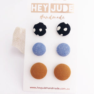 Stud Earring Multipack-3pack-Fabric Button-Black White Spots, Light Blue, Saffron Linen-Hey Jude Handmade