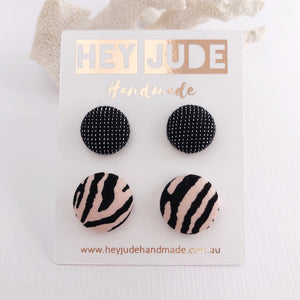 Fabric Stud Earrings, Multipack, 2 pack, Black Sparkle + Pink Zebra Prin- Hey Jude Handmade