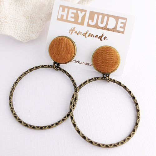Hoop Earrings-Bronze-Stud Dangles-Saffron Linen-Fabric Feature-Hey Jude Handmade