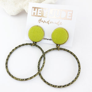 Bronze Hoop Earrings-Stud Dangles-Chartreuse Linen-Hey Jude Handmade