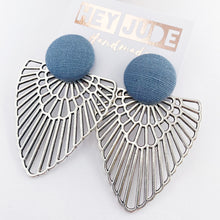 Load image into Gallery viewer, Large fabric Stud with Antique Silver Boho Fan-Statement Earrings-Duck Egg Blue Linen coloured-Hey Jude Handmade