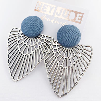 Large fabric Stud with Antique Silver Boho Fan-Statement Earrings-Duck Egg Blue Linen coloured-Hey Jude Handmade