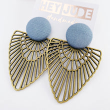 Load image into Gallery viewer, Large fabric stud with bronze boho fan- Stud Dangle-Statement Earrings-Duck Egg Blue Linen fabric-Hey Jude Handmade
