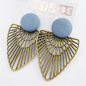 Large fabric stud with bronze boho fan- Stud Dangle-Statement Earrings-Duck Egg Blue Linen fabric-Hey Jude Handmade