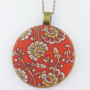 Large-Long Pendant Necklace-Antique Brass-Red Rust Filigree pattern fabric feature-Bronze Chain-Hey Jude Handmade