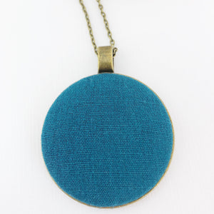Large-Long Pendant Necklace-Antique Brass-Teal Linen fabric feature-Bronze Chain-Hey Jude Handmade