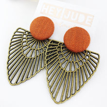 Load image into Gallery viewer, Large Stud-Bronze Boho Fans-Statement Earrings-with Rust linen-Hey Jude Handmade