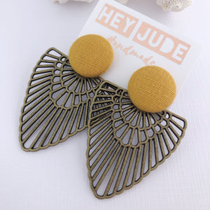 Large Stud Dangles-Bronze Boho Fan-Statement Earrings-Mustard Yellow Linen-Hey Jude Handmade