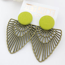 Load image into Gallery viewer, Large Stud-Chartreuse Linen colour-with Bronze Boho Fans-Statement Earrings-Hey Jude Handmade