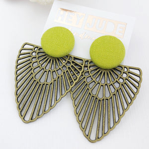 Large Stud-Chartreuse Linen colour-with Bronze Boho Fans-Statement Earrings-Hey Jude Handmade