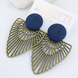 Large Stud-Statement Earrings-Bronze Boho Fan-with Navy Linen-Hey Jude Handmade