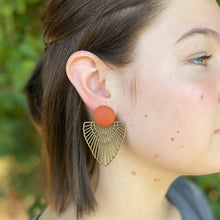 Load image into Gallery viewer, Rust linen-Bronze Boho Fan Earrings-Statement Earrings on model-Hey Jude Handmade