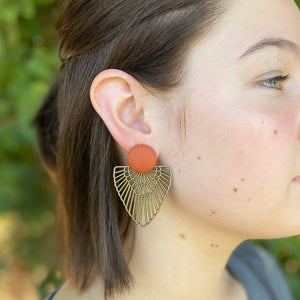 Rust linen-Bronze Boho Fan Earrings-Statement Earrings on model-Hey Jude Handmade