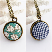 Load image into Gallery viewer, Mini Pendant Necklace-Bronze-Reversible-Subtle Green Vintage Floral + Navy Houndstooth-Hey Jude Handmade