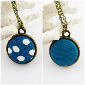 Mini Pendant Necklace-Bronze-Reversible-Teal Spot + Teal Linen-Hey Jude Handmade