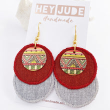 Load image into Gallery viewer, Rustic Linen Duo Dangle Earrings-two rounds of fabric-Burgundy Rust Linen + Grey Marle Linen-with rustic edge stitching-and painted copper round embellishment-gold shepherd hooks-Hey Jude Handmade