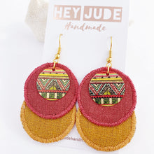 Load image into Gallery viewer, Rustic Linen Duo Dangle Earrings-two rounds of fabric-Raspberry Pink Linen + Tikka Linen-with rustic stitched edges-small round painted copper embellishment-with gold shepherd hook ear wires-Hey Jude Handmade