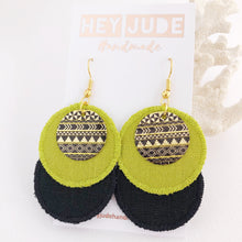 Load image into Gallery viewer, Rustic Linen Duo Dangles-Gold Shepherd Hooks-Chartreuse and Ash Black Linen-Gold and Black Embellishment-Hey Jude Handmade