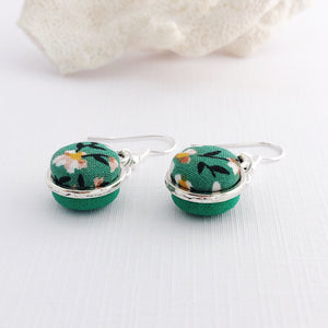 Side View-Small Silver Dangle Earrings-Double Sided-Fabric features-Green Summer Floral and Green-Hey Jude Handmade