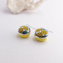 Load image into Gallery viewer, Side View-Small Dangle-Silver Earrings-Double Sided-Fabric features-Yellow floral and bright yellow-Hey Jude Handmade
