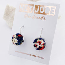 Load image into Gallery viewer, Small Silver Drop Earrings-Bezel Setting with fabric button feature-Navy Floral-Hey Jude Handmade