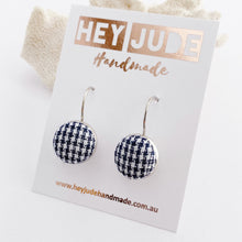 Load image into Gallery viewer, Silver Bezel Drop Small Earrings-Navy Houndstooth fabric button feature-Hey Jude Handmade