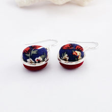Load image into Gallery viewer, Small Antique Silver Double Sided Earrings-Side View-fabric button features-Navy Floral + Maroon-Hey Jude Handmade
