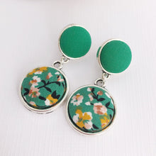 Load image into Gallery viewer, Silver Statement Earrings-Antique Silver-Double Drops-Green and Green summer Floral-Fabric Features-Hey Jude Handmade