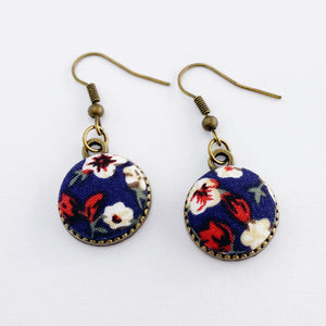 Bronze Drop Earrings-Navy Floral fabric button feature-round bronze setting with tree of life carving on reverse-Hey Jude Handmade