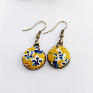 Single Bronze Drop Earrings-Fabric Button-Mustard Blue Floral-Tree of Life carving reverse-Hey Jude Handmade