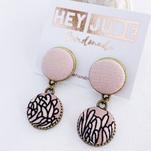 Load image into Gallery viewer, Small Bronze Double Drop Earrings-Fabric Features-Pink Linen upper and Pink Floral bottom-set in bronze-tree of life reverse detail-Hey Jude Handmade