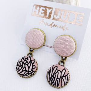 Small Bronze Double Drop Earrings-Fabric Features-Pink Linen upper and Pink Floral bottom-set in bronze-tree of life reverse detail-Hey Jude Handmade