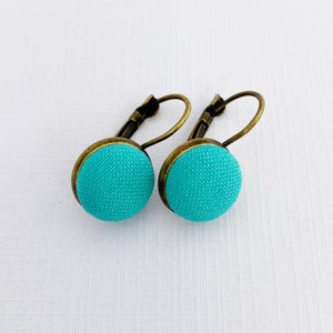 Small Bronze Bezel Drop Earrings-Sea Foam Green fabric feature-Hey Jude Handmade