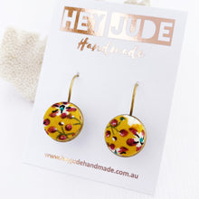 Load image into Gallery viewer, Small Bronze Earrings-Bezel Drops-Fabric covered button features-Mustard Maroon Floral-Hey Jude Handmade