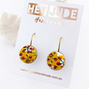 Small Bronze Earrings-Bezel Drops-Fabric covered button features-Mustard Maroon Floral-Hey Jude Handmade