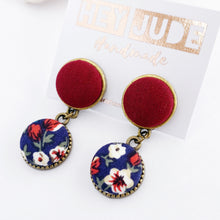 Load image into Gallery viewer, Small Bronze Double Drop Earrings-2 piece Stud Dangles-Fabric covered buttons in bronze settings-Maroon upper + Navy Floral lower-hidden tree of life bronze carving on the reverse-Hey Jude Handmade