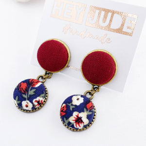 Small Bronze Double Drop Earrings-2 piece Stud Dangles-Fabric covered buttons in bronze settings-Maroon upper + Navy Floral lower-hidden tree of life bronze carving on the reverse-Hey Jude Handmade