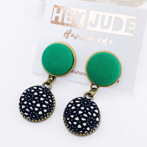 Small Bronze two piece stud dangle earrings-fabric Button earrings-Vivid Green upper and Black White pattern-Hey Jude Handmade