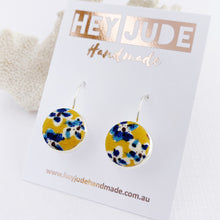 Load image into Gallery viewer, Small Silver Earrings-Bezel Drops-with fabric button feature-Mustard Blue Floral-Hey Jude Handmade