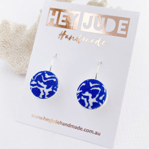Small Silver Bezel Drop Earrings-Bright Blue Pattern-fabric feature-Hey Jude Handmade