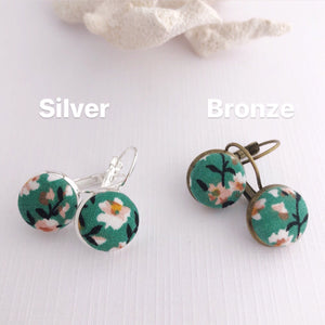 Small Bezel Drop Earrings-Silver and Bronze varieties-Green Summer Floral-Fabric Buttons-Hey Jude Handmade