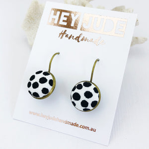 Small Bronze Drop Earrings-Bezel Drops-White with big black dots-Hey Jude Handmade