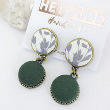 Load image into Gallery viewer, Bronze Drop Earrings-small double drops-White grey botanical print and Forrest Green-Tree of Life carving on reverse-Hey Jude Handmade