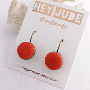 Small Bronze Bezel Drop Earrings-fabric button features-Bright Orange-Hey Jude Handmade