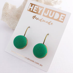Small Bronze Earrings-Bezel drops-Fabric Button features-vivid Green-Hey Jude Handmade