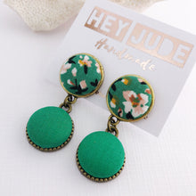 Load image into Gallery viewer, Small Bronze Double Drop Earrings-fabric button features-Green Summer Floral and Green-Hey Jude Handmade
