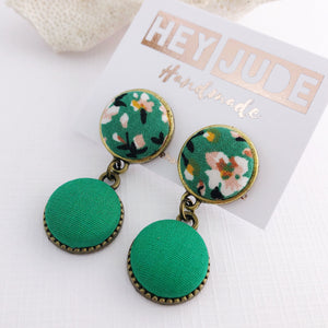 Small Bronze Double Drop Earrings-fabric button features-Green Summer Floral and Green-Hey Jude Handmade